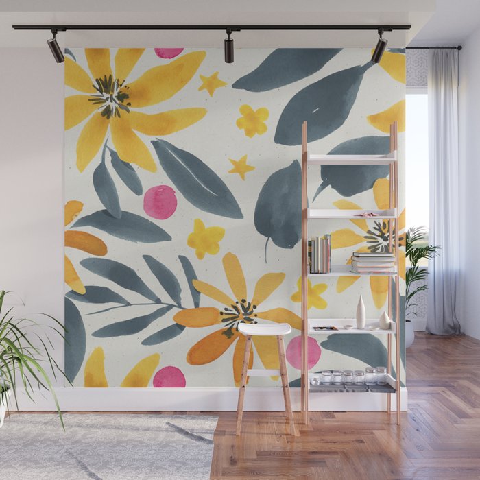 Watercolor Painting Fantasy Yellow Flower Blooming Floral Kingdom Wall Mural Gallery Image 1