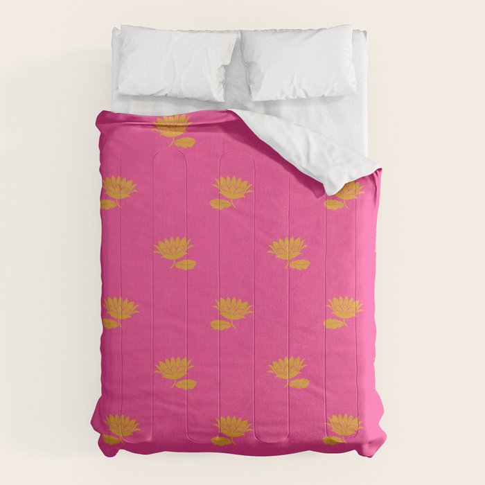 Art Nouveau Yellow Tropical Flowers - Hot Pink Pattern Comforter Gallery Image 1