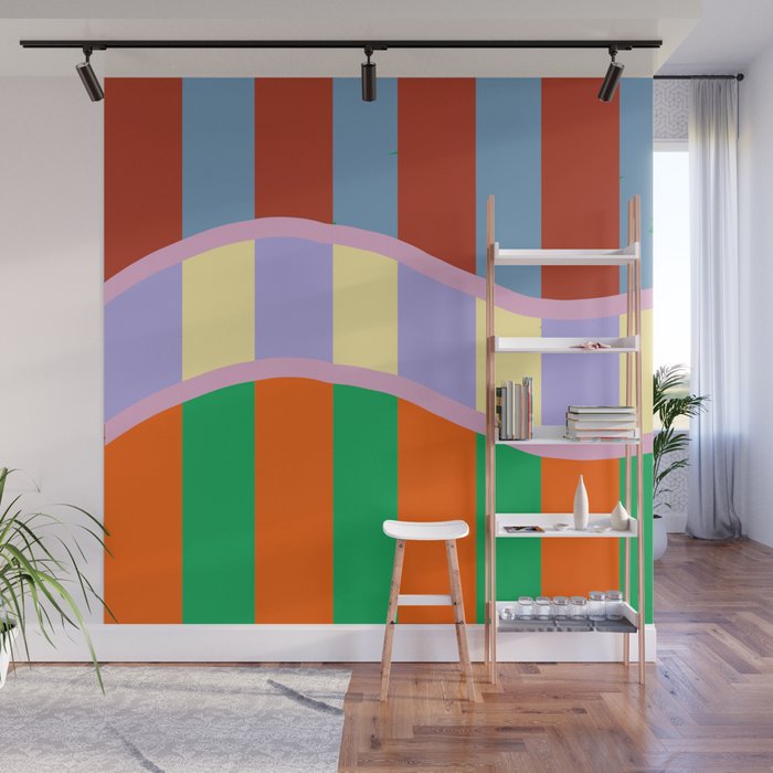 Wavy Abstract Stripe Art Retro Color Flow with Orange Lavender Green andTerracotta Wall Mural Gallery Image 1