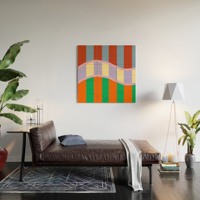 Wavy Abstract Stripe Art Retro Color Flow with Orange Lavender Green andTerracotta Wood Wall Art Gallery Image 2