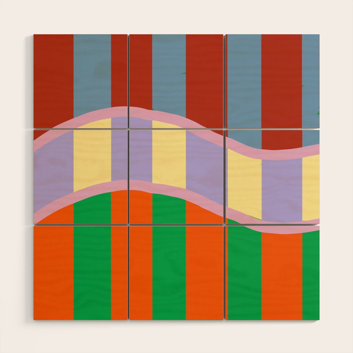 Wavy Abstract Stripe Art Retro Color Flow with Orange Lavender Green andTerracotta Wood Wall Art Gallery Image 1