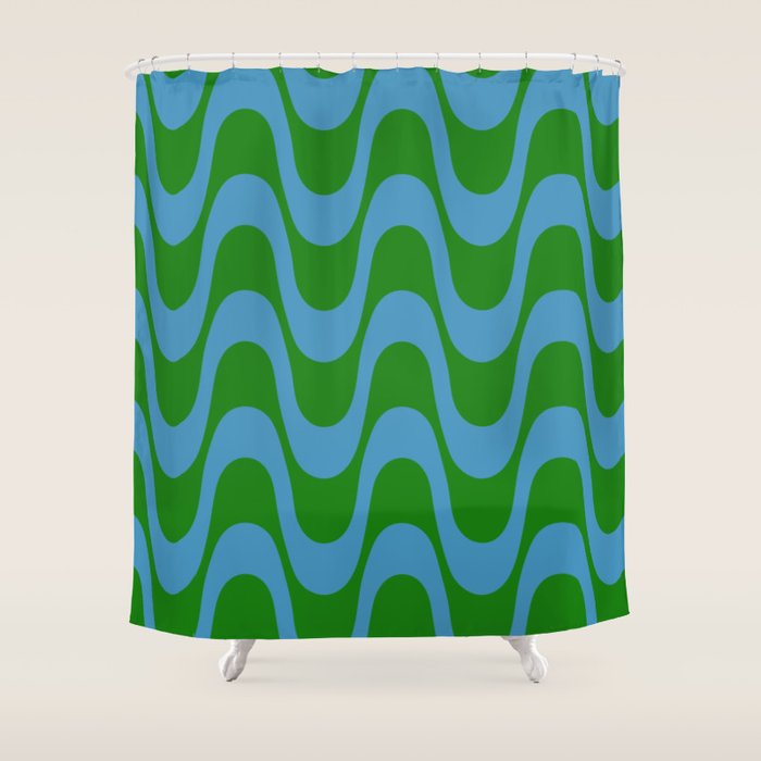 Retro Groovy Waves - Blue and Green Shower Curtain Gallery Image 1