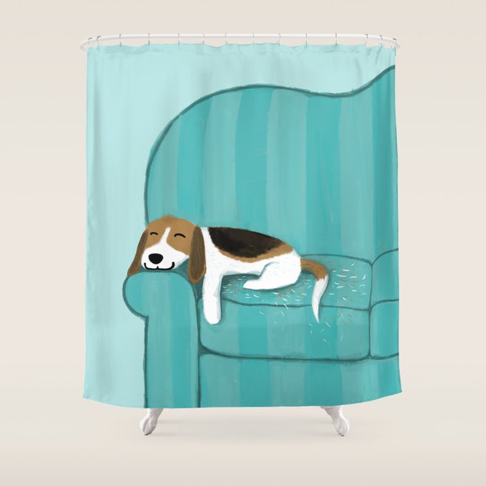 Happy Couch Beagle | Cute Sleeping Dog Shower Curtain Gallery Image 1