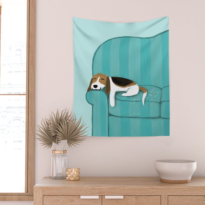 Happy Couch Beagle | Cute Sleeping Dog Wall Tapestry Gallery Image 2