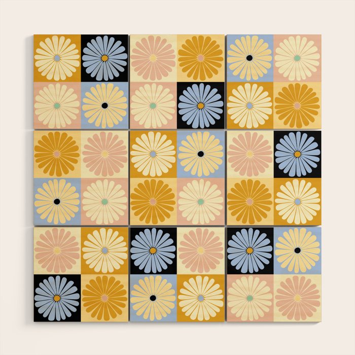 Retro Flowers Check Pattern XXVII Wood Wall Art Gallery Image 1