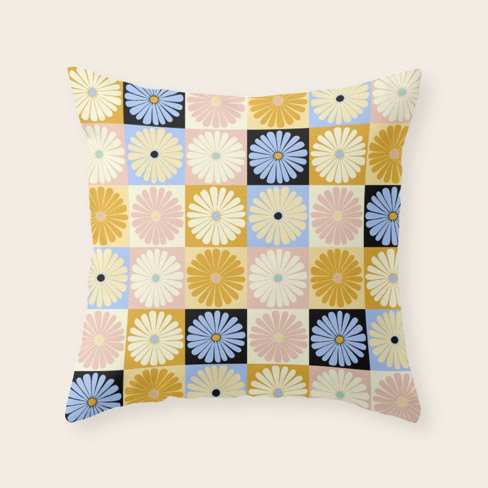 Retro Flowers Check Pattern XXVII Throw Pillow Gallery Image 1