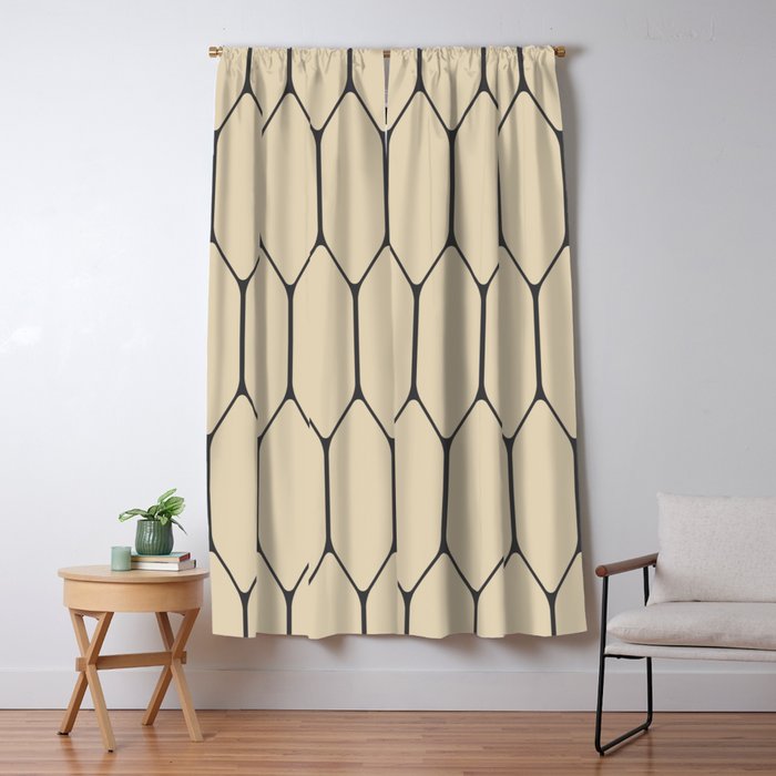 Long Honeycomb Minimalist Geometric Pattern in Retro Charcoal Gray and Beige Window Curtain Gallery Image 5