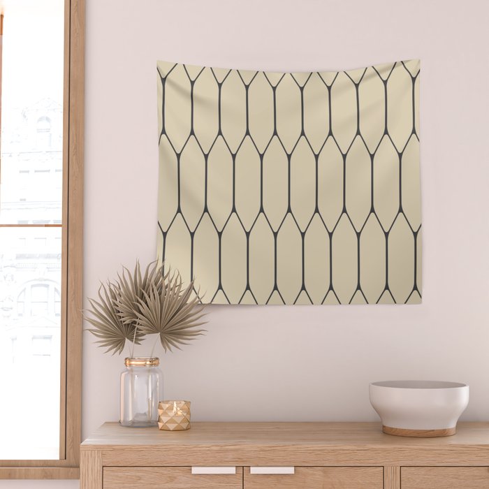Long Honeycomb Minimalist Geometric Pattern in Retro Charcoal Gray and Beige Wall Tapestry Gallery Image 2