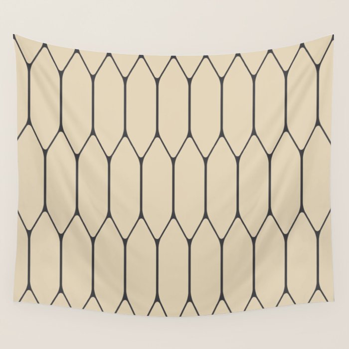 Long Honeycomb Minimalist Geometric Pattern in Retro Charcoal Gray and Beige Wall Tapestry Gallery Image 1