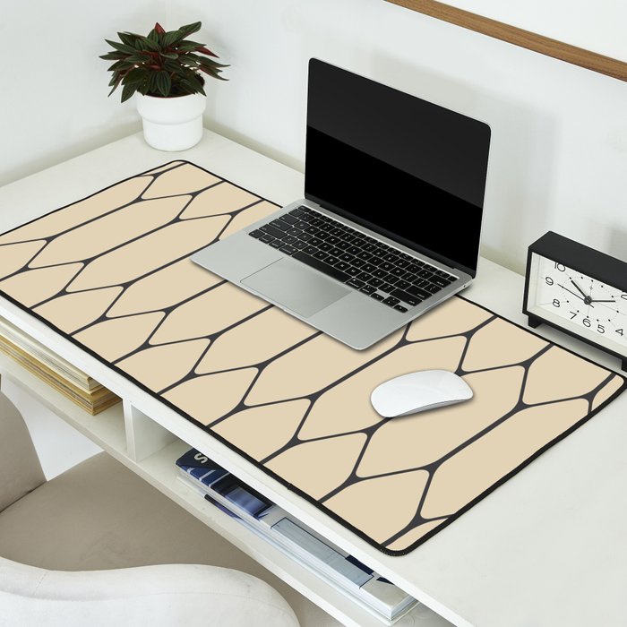 Long Honeycomb Minimalist Geometric Pattern in Retro Charcoal Gray and Beige Desk Mat Gallery Image 2