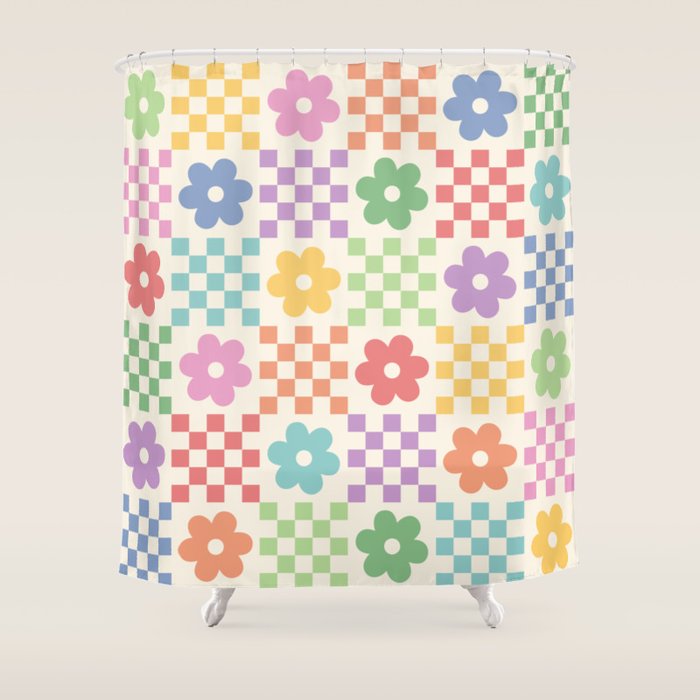 Colorful Flowers Double Checker Shower Curtain Gallery Image 1