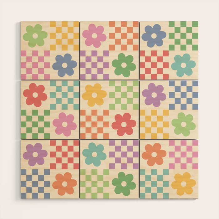 Colorful Flowers Double Checker Wood Wall Art Gallery Image 1