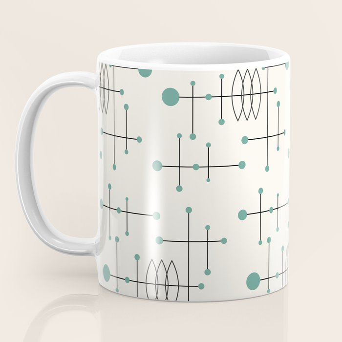 Mid Century Atomic Age Pattern Teal and Cream Coffee Mug Gallery Image 3