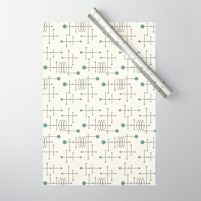 Mid Century Atomic Age Pattern Teal and Cream Wrapping Paper Gallery Image 1