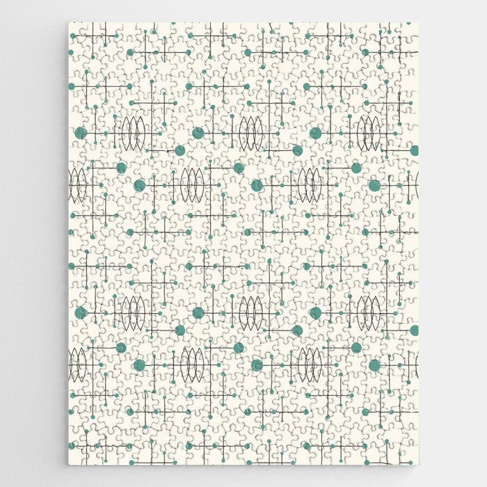 Mid Century Atomic Age Pattern Teal and Cream Jigsaw Puzzle Gallery Image 1