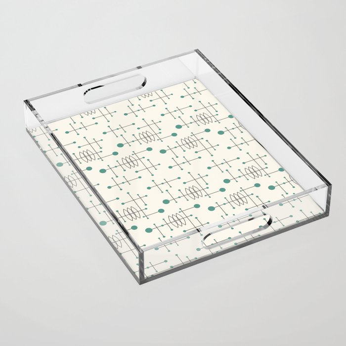 Mid Century Atomic Age Pattern Teal and Cream Acrylic Tray Gallery Image 1
