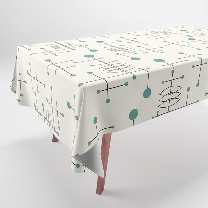 Mid Century Atomic Age Pattern Teal and Cream Tablecloth Gallery Image 1