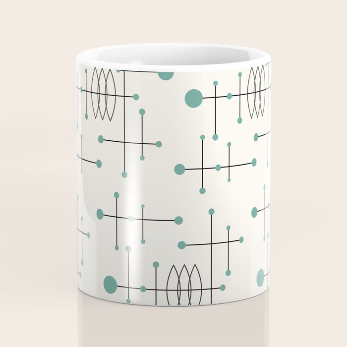 Mid Century Atomic Age Pattern Teal and Cream Coffee Mug Gallery Image 4