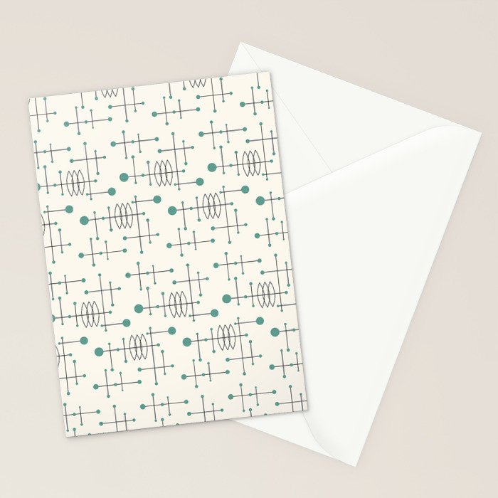 Mid Century Atomic Age Pattern Teal and Cream Stationery Card Gallery Image 2