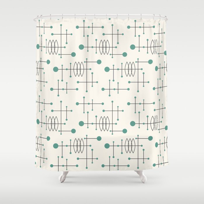 Mid Century Atomic Age Pattern Teal and Cream Shower Curtain Gallery Image 1