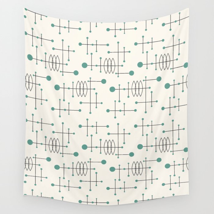 Mid Century Atomic Age Pattern Teal and Cream Wall Tapestry Gallery Image 4