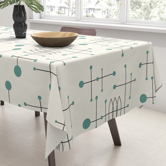 Mid Century Atomic Age Pattern Teal and Cream Tablecloth Gallery Image 3