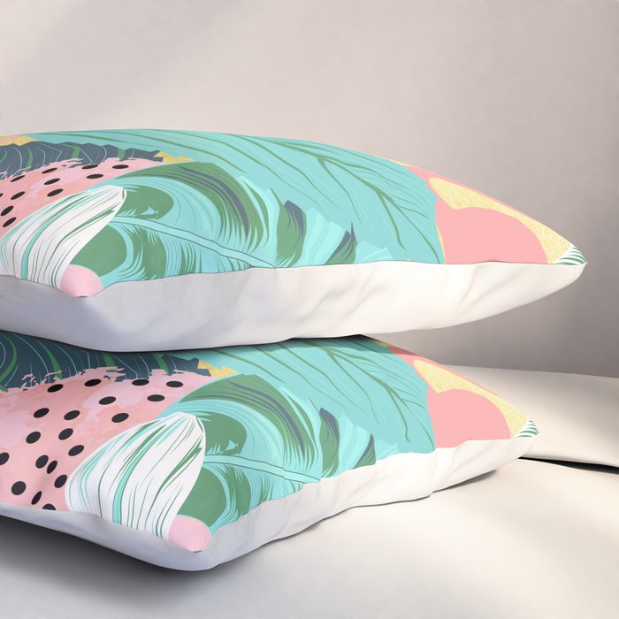 Flamingo Tropical, Colorful Modern Bohemian Eclectic Jungle Graphic Design, Blush Forest Gold Floral Pillow Sham Gallery Image 3