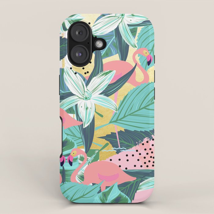 Flamingo Tropical, Colorful Modern Bohemian Eclectic Jungle Graphic Design, Blush Forest Gold Floral iPhone Case Gallery Image 1
