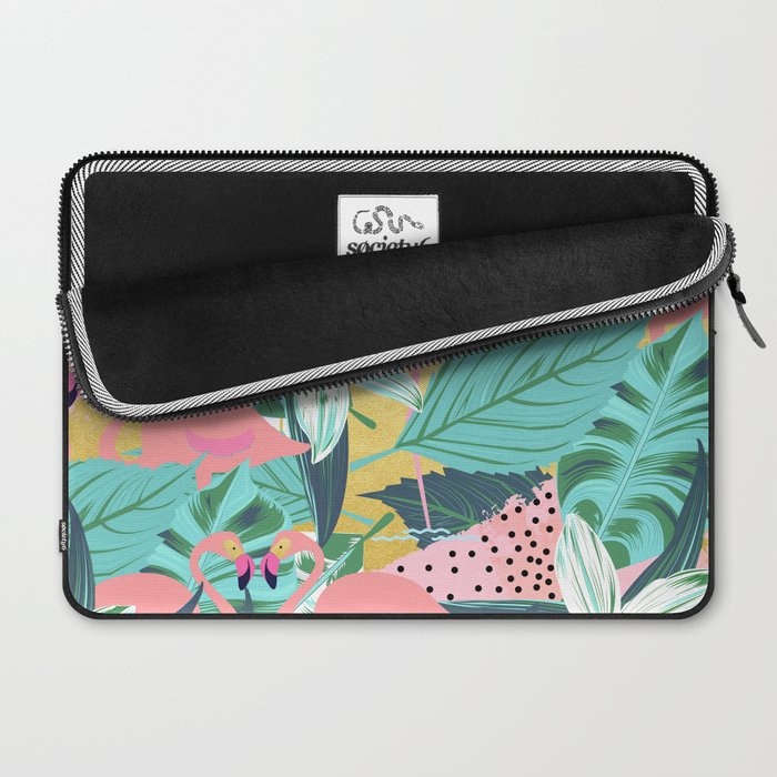 Flamingo Tropical, Colorful Modern Bohemian Eclectic Jungle Graphic Design, Blush Forest Gold Floral Laptop Sleeve Gallery Image 2