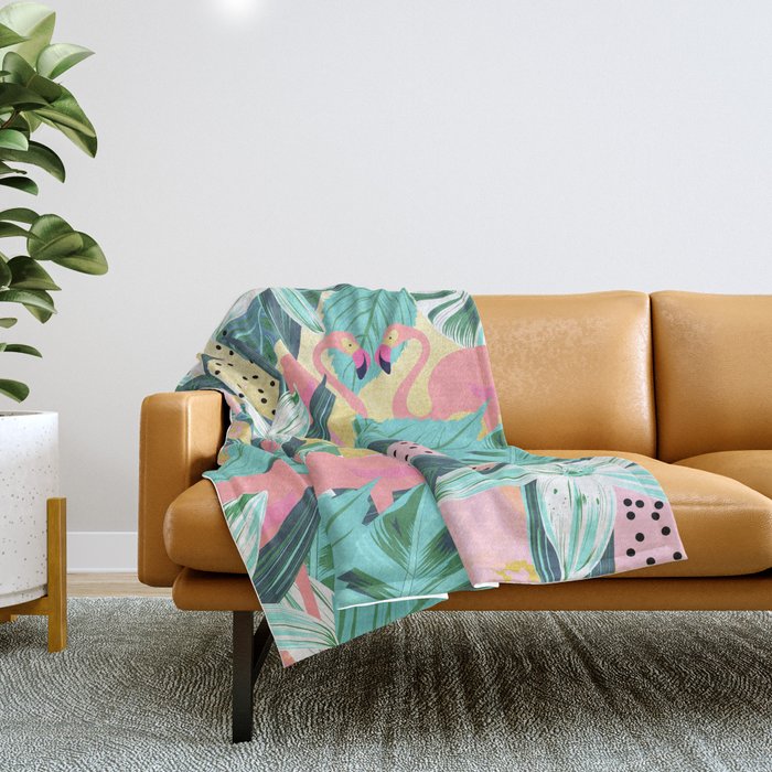 Flamingo Tropical, Colorful Modern Bohemian Eclectic Jungle Graphic Design, Blush Forest Gold Floral Throw Blanket Gallery Image 1