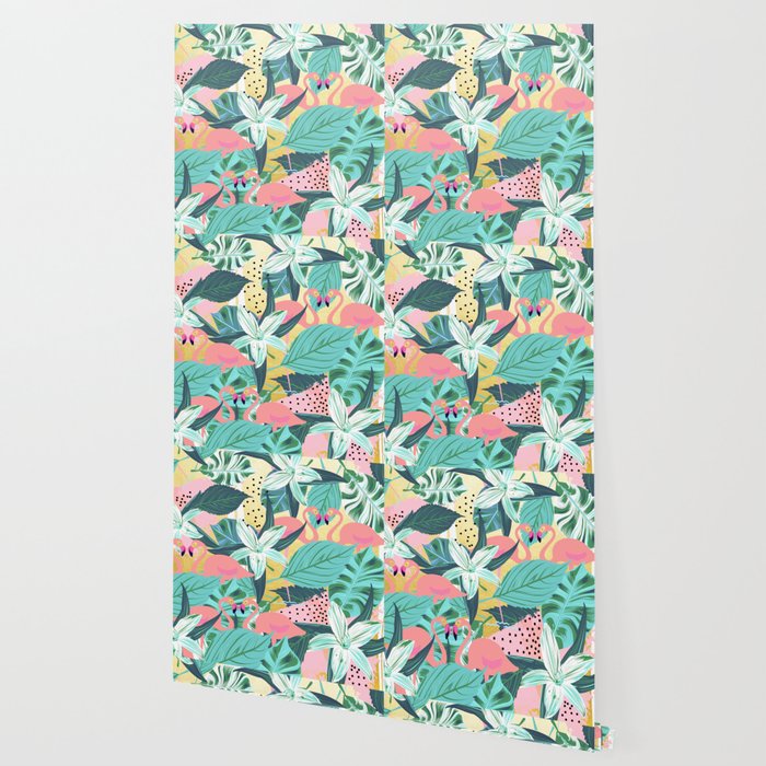 Flamingo Tropical, Colorful Modern Bohemian Eclectic Jungle Graphic Design, Blush Forest Gold Floral Wallpaper Gallery Image 2