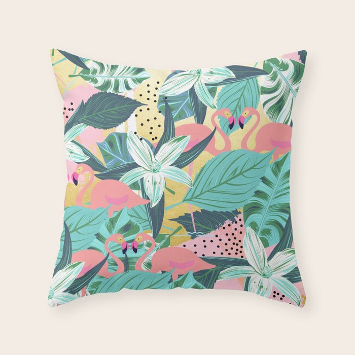 Flamingo Tropical, Colorful Modern Bohemian Eclectic Jungle Graphic Design, Blush Forest Gold Floral Throw Pillow Gallery Image 1