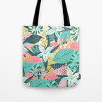 Flamingo Tropical, Colorful Modern Bohemian Eclectic Jungle Graphic Design, Blush Forest Gold Floral Tote Bag Gallery Image 1