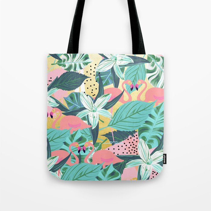 Flamingo Tropical, Colorful Modern Bohemian Eclectic Jungle Graphic Design, Blush Forest Gold Floral Tote Bag Gallery Image 1