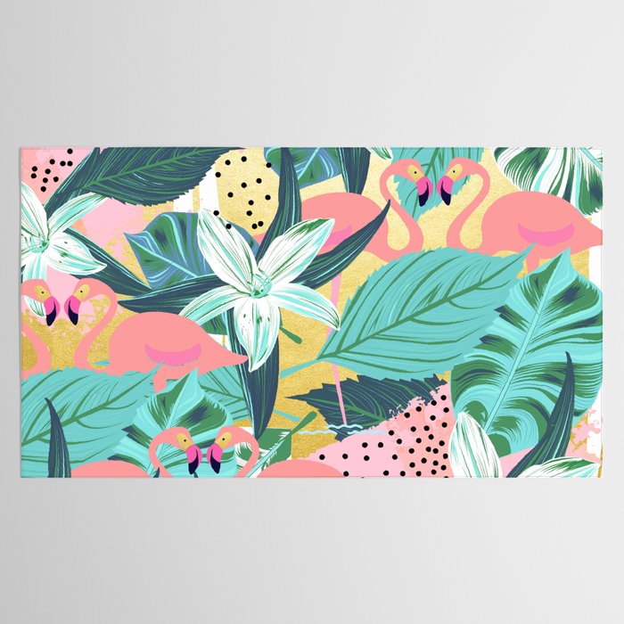 Flamingo Tropical, Colorful Modern Bohemian Eclectic Jungle Graphic Design, Blush Forest Gold Floral Tablecloth Gallery Image 2