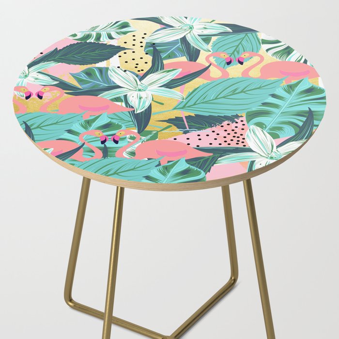 Flamingo Tropical, Colorful Modern Bohemian Eclectic Jungle Graphic Design, Blush Forest Gold Floral Side Table Gallery Image 2