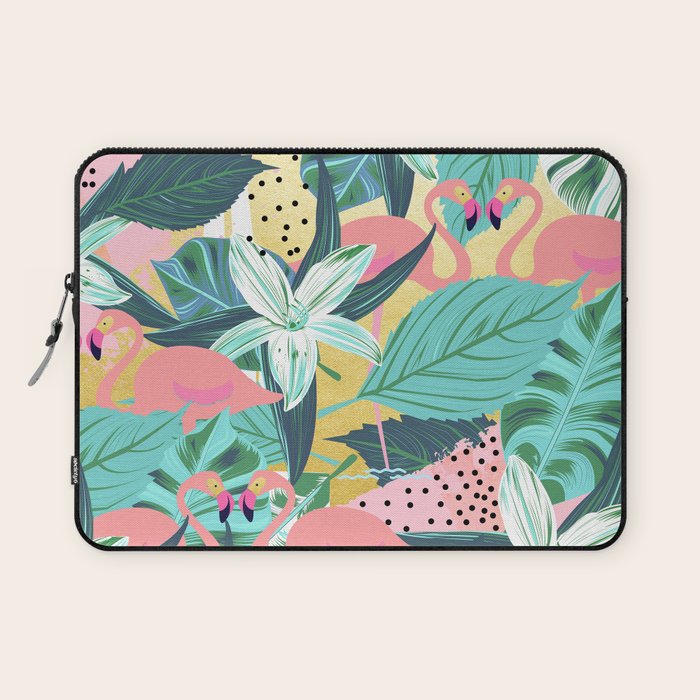 Flamingo Tropical, Colorful Modern Bohemian Eclectic Jungle Graphic Design, Blush Forest Gold Floral Laptop Sleeve Gallery Image 1