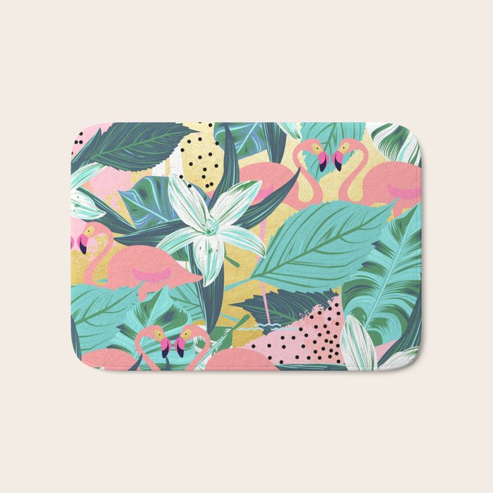 Flamingo Tropical, Colorful Modern Bohemian Eclectic Jungle Graphic Design, Blush Forest Gold Floral Bath Mat Gallery Image 1
