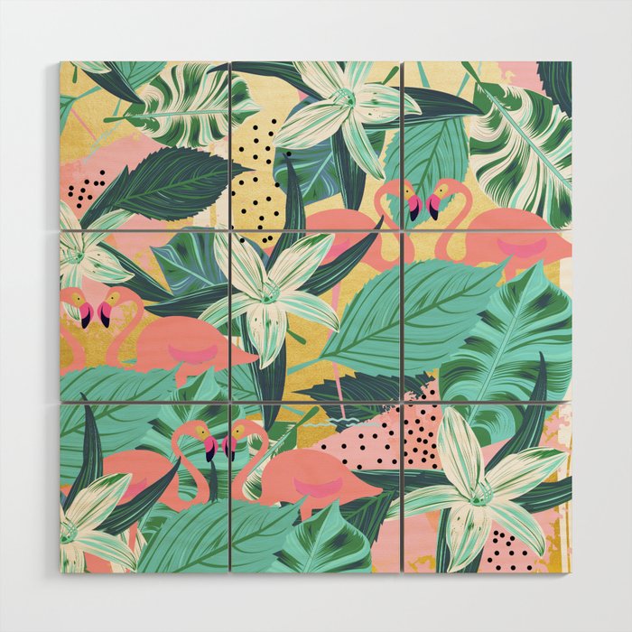 Flamingo Tropical, Colorful Modern Bohemian Eclectic Jungle Graphic Design, Blush Forest Gold Floral Wood Wall Art Gallery Image 1