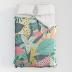 Flamingo Tropical, Colorful Modern Bohemian Eclectic Jungle Graphic Design, Blush Forest Gold Floral Duvet Cover Gallery Image 6