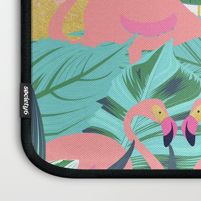 Flamingo Tropical, Colorful Modern Bohemian Eclectic Jungle Graphic Design, Blush Forest Gold Floral Laptop Sleeve Gallery Image 3
