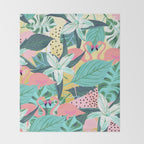 Flamingo Tropical, Colorful Modern Bohemian Eclectic Jungle Graphic Design, Blush Forest Gold Floral Throw Blanket Gallery Image 2