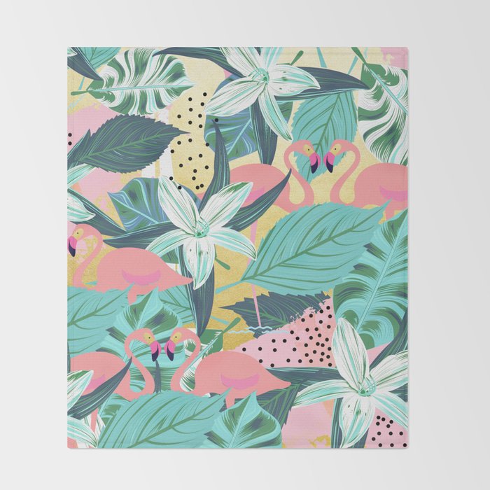 Flamingo Tropical, Colorful Modern Bohemian Eclectic Jungle Graphic Design, Blush Forest Gold Floral Throw Blanket Gallery Image 2