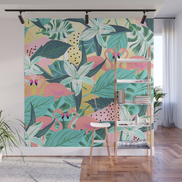 Flamingo Tropical, Colorful Modern Bohemian Eclectic Jungle Graphic Design, Blush Forest Gold Floral Wall Mural Gallery Image 1