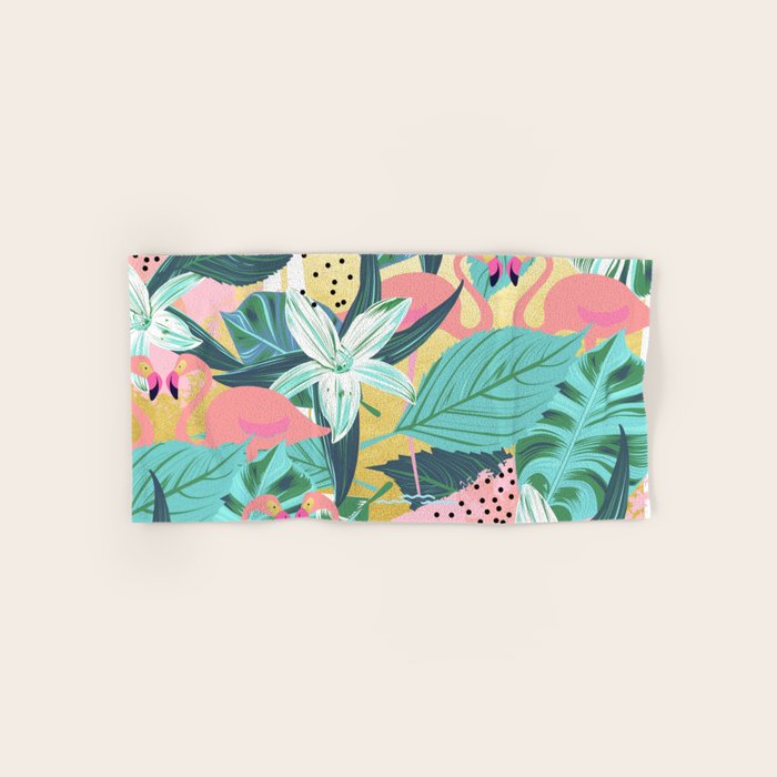 Flamingo Tropical, Colorful Modern Bohemian Eclectic Jungle Graphic Design, Blush Forest Gold Floral Bath Towel Gallery Image 1