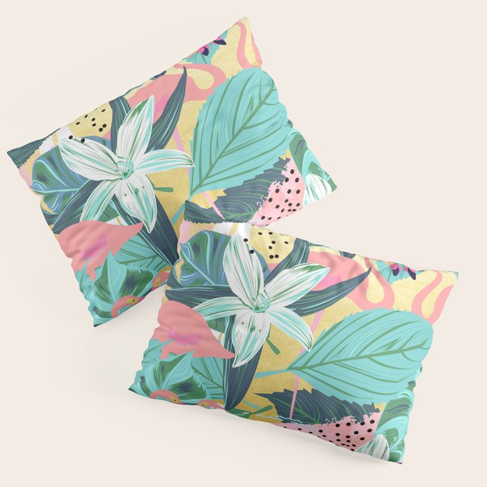 Flamingo Tropical, Colorful Modern Bohemian Eclectic Jungle Graphic Design, Blush Forest Gold Floral Pillow Sham Gallery Image 3