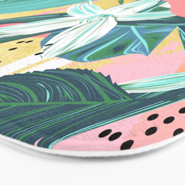 Flamingo Tropical, Colorful Modern Bohemian Eclectic Jungle Graphic Design, Blush Forest Gold Floral Bath Mat Gallery Image 3