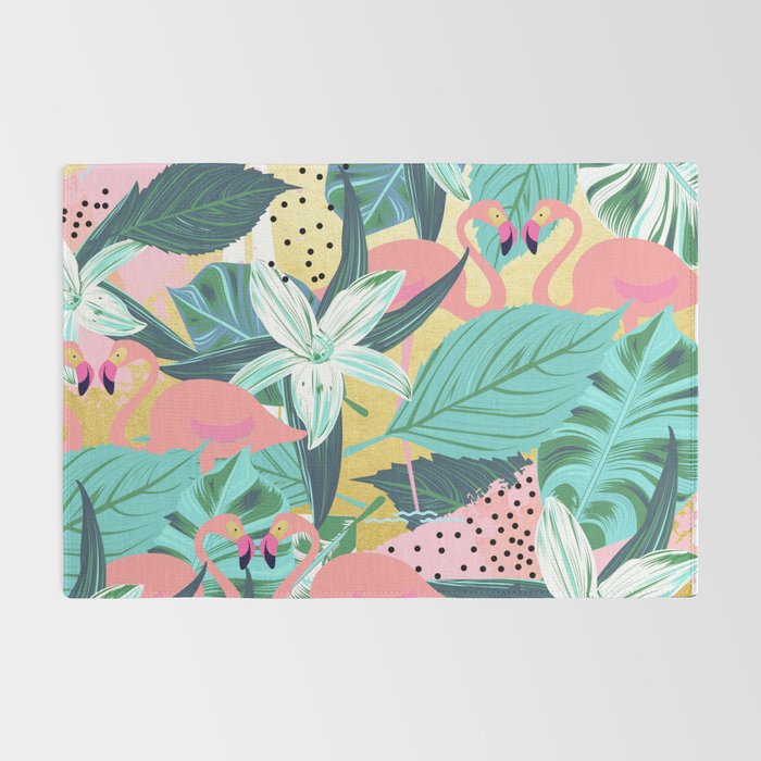 Flamingo Tropical, Colorful Modern Bohemian Eclectic Jungle Graphic Design, Blush Forest Gold Floral Rug Gallery Image 2