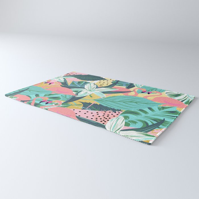 Flamingo Tropical, Colorful Modern Bohemian Eclectic Jungle Graphic Design, Blush Forest Gold Floral Rug Gallery Image 3