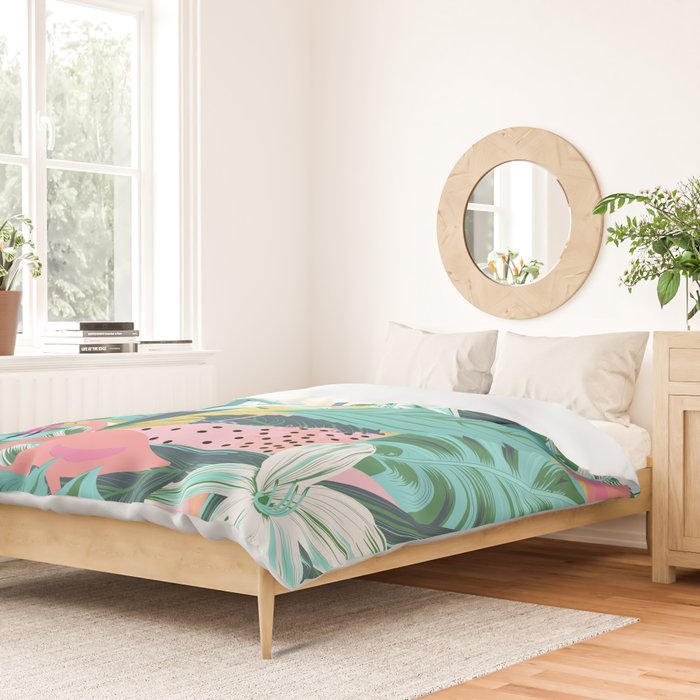 Flamingo Tropical, Colorful Modern Bohemian Eclectic Jungle Graphic Design, Blush Forest Gold Floral Duvet Cover Gallery Image 2